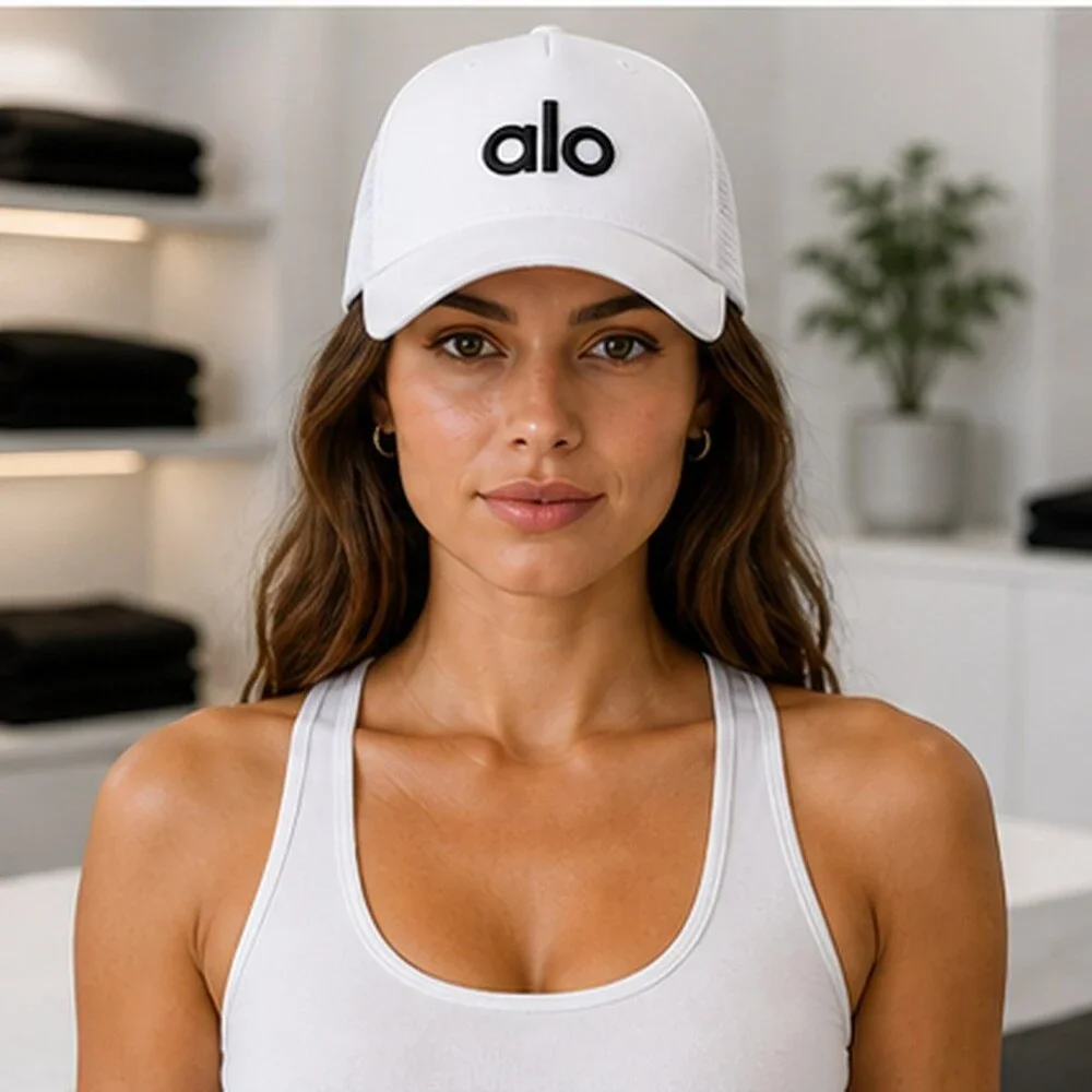 ALO Yoga White Black Pilates Mesh Trucker Cap Hat Logo